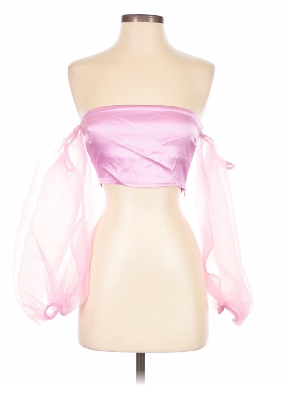 Zara Pink Sheer Puff Sleeve Crop Top Satin Off Shoulder Party Blouse M - Picture 2 of 5